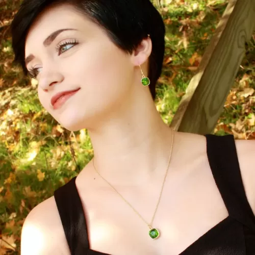 Green Swarovski Crystal Rhinestone Necklace (gold-filled chain) - Green and Gold Necklace - Green Bay Necklace